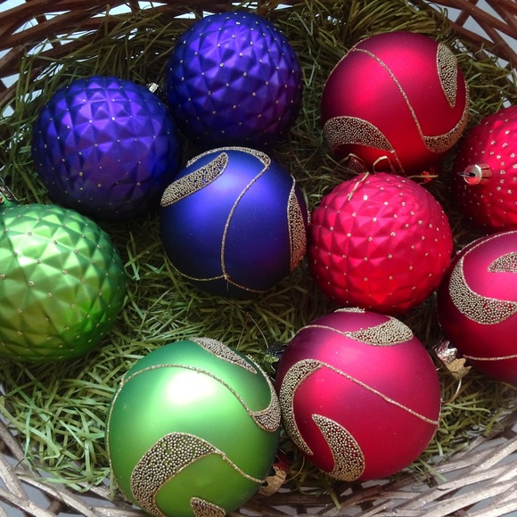 Set of 10 Red Green & Purple Glass Ball Christmas Ornaments Xmas Holiday Decor - Picture 7 of 11